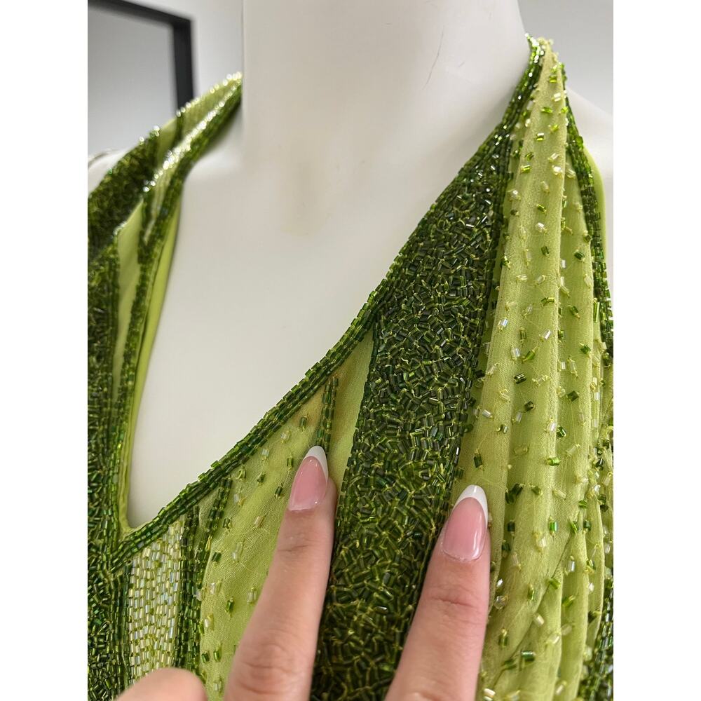 Vintage Caché Silk Beaded Halter Evening Gown Lime Green Y2K Formal Dress Large - Picture 7 of 10